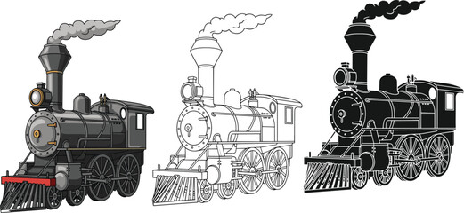 Vintage steam locomotive icons set with realistic outline and solid styles railway transport retro flat vector illustration © Habiba's World