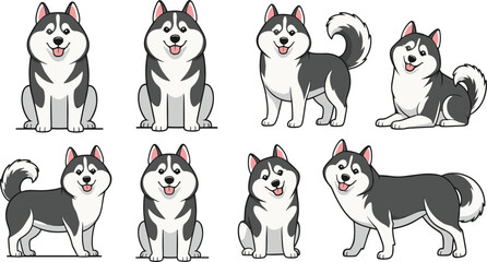 Siberian Husky Dog Cartoon Character Set with Sitting, Standing and Lying Poses for Pet Design, Cute Arctic Canine Flat Vector Collection © MstSuborna