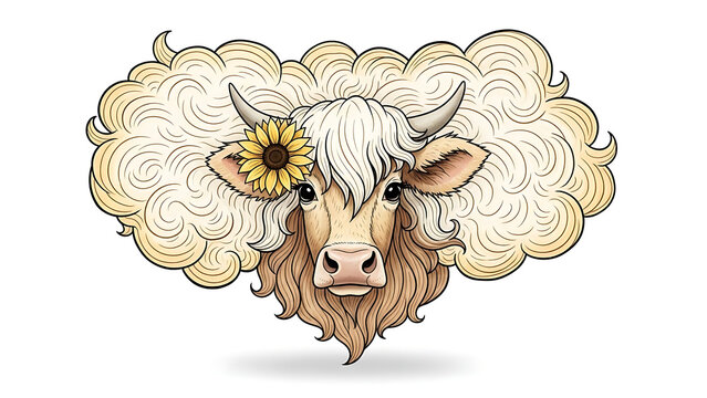 Hand illustrated cow with sunflower and curly hair isolated on a transparent background