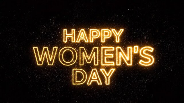 Glowing Orange Neon Text Happy Womens Day on Black Background with Sparks International Womens Day