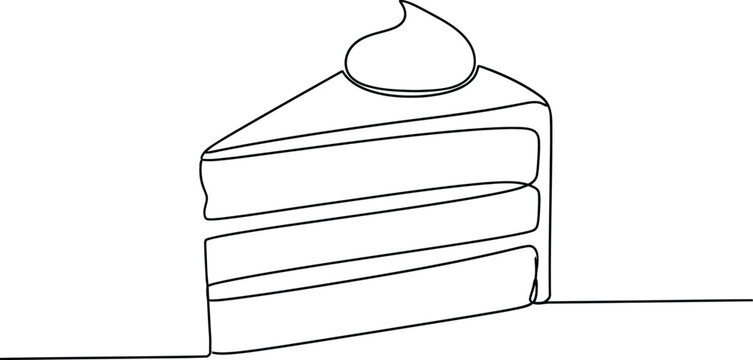 Delicious single line art cake slice with creamy frosting on top, rendered in a modern minimalist black and white illustration style.