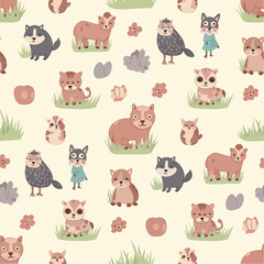 Obraz premium Adorable cartoon animal seamless pattern featuring various cute creatures on a cream background