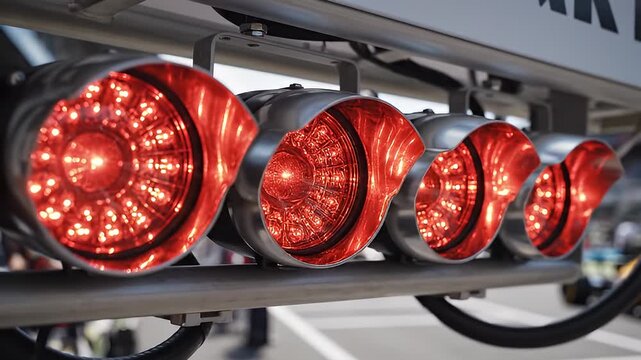 Racing Pit Stop Lights Close Up On Red Circular Lamps.