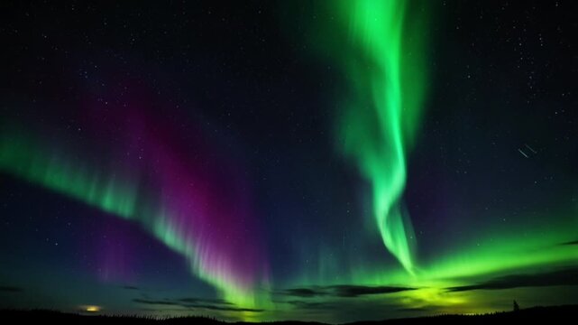 the spectacular Aurora Borealis (Northern Lights) phenomenon in a clear, star-filled night sky.