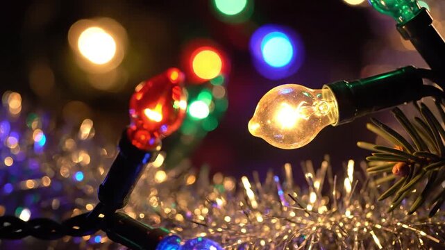 Vibrant holiday string lights and shimmering tinsel with soft bokeh background, suitable for christmas decor, festive event backdrops, seasonal greetings, and winter celebration designs.