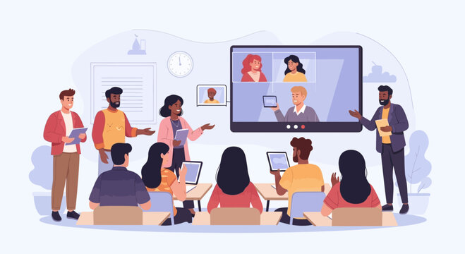 Students and teachers engaging in an online collaborative learning environment through digital devices and virtual meeting platforms