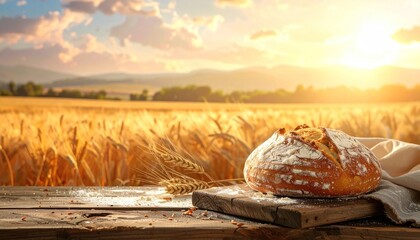 Artisan Bread Loaf in Golden Wheat Field at Sunset
