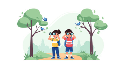 Naklejka premium Children Using Binoculars to Watch Birds on a Park Trail 