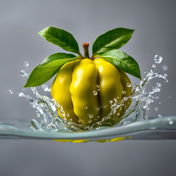 A vibrant green nance fruit, adorned with lush leaves, is dynamically captured mid-splash in a refreshing surge of clear water against a muted gray backdrop