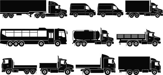 Silhouettes of commercial vehicles including trucks, vans, buses, tankers, and flatbeds for transport and logistics design themes © MdMahmudul
