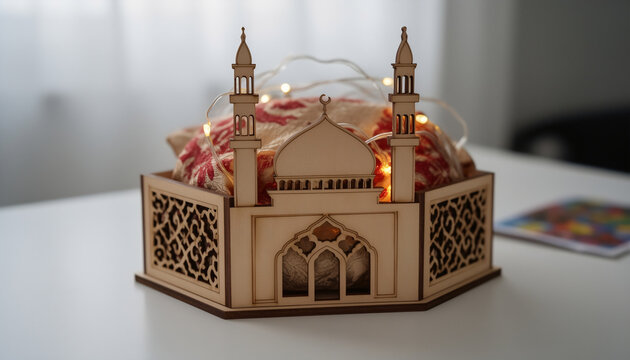 Ornate Mosque-Inspired Wooden Box with Fairy Lights