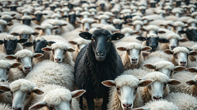 Black sheep in the middle of a white flock, a crowd of sheep around the black one looking at the camera, a concept of individuality and atomization among modern society