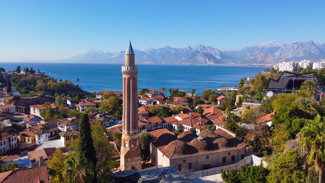 Aerial view of Antalya Kaleici, Ottoman Houses at Yivli Minare and Old Antalya Marina