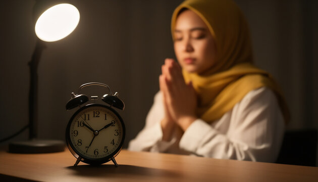 Serene morning moment with alarm clock and contemplative woman
