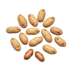 Obraz premium Brown peanuts with shells and two opened shells revealing the nuts inside isolated on a transparent background