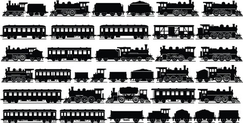 Vintage train silhouette illustrations with locomotives, passenger cars, freight cars, tenders, and cabooses for railway design themes © MdMahmudul