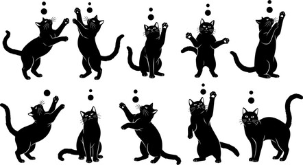Playful black cat silhouettes jumping reaching bubbles vector illustration set, kitten action poses collection, feline pet character design, animal silhouette, © Shopna