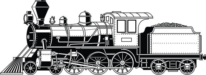 Vintage steam locomotive illustration with smokestack, pistons, wheels, coal tender, and cowcatcher showcasing historical railway design © MdMahmudul