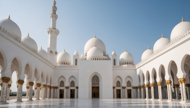Serene White Mosque with Intricate Architecture Details
