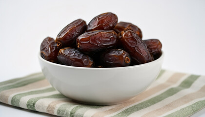 Obraz premium White ceramic bowl with dates on striped cloth, soft focus