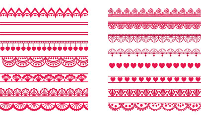 Decorative red border designs with geometric, floral, scallop, fan, and heart motifs for graphic design and ornamental projects