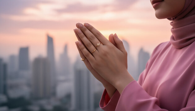 Woman's Hands in Prayer at Sunset with Cityscape Background