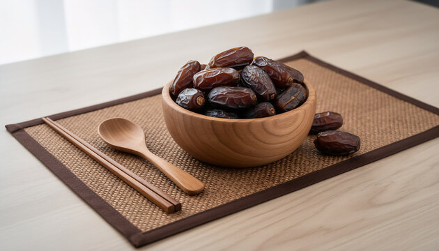 Wooden bowl with dates on woven placemat and wooden table