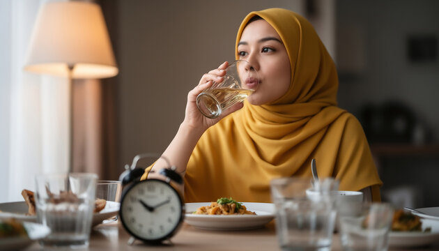 Woman in yellow hijab relaxing with a drink indoors