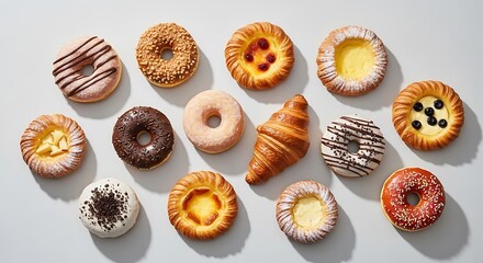 Assortment of Baked Pastries and Donuts on a White Background