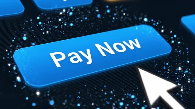 A glowing blue 'Pay Now' button with a cursor hovering over it. The background is dark, emphasizing the button's brightness. Represents online transactions and digital payments.