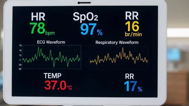 Medical vital signs on monitoring screen showing heart rate and oxygen saturation in clinical setting.