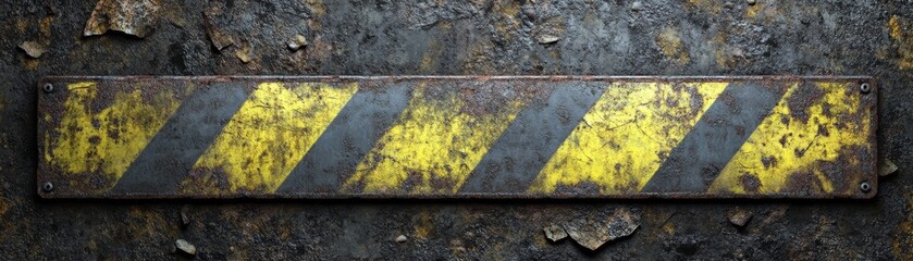 Close up of rusted metal sign on weathered brick wall texture background vintage industrial decor element.