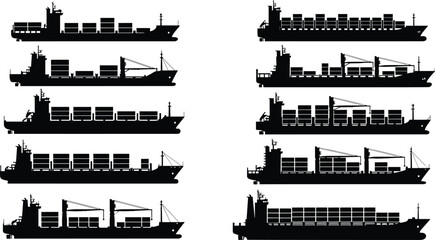 Silhouettes of cargo ships with containers, cranes, and diverse maritime designs for transport and logistics themes