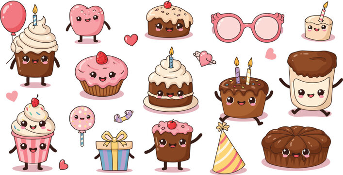 Cute cartoon desserts and sweet treats with smiling faces and colorful decorations on white background