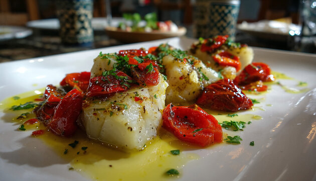 Traditional Spanish Bacalao al Pil Pil with Olive Oil and Peppers