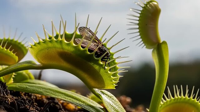 A Venus flytrap plant with its jaws open, capturing a fly as prey in its natural habitat.