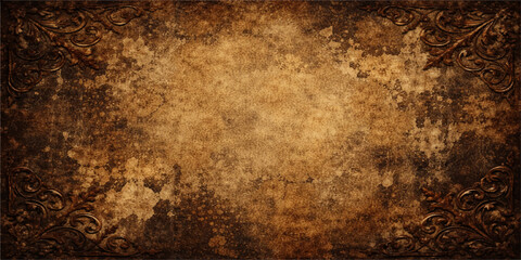 Obraz premium A worn and grungy vintage metal surface features a rough, aged brown rust texture and an antique pattern, creating a blank, dirty backdrop with a weathered paper-like aesthetic on this old wall