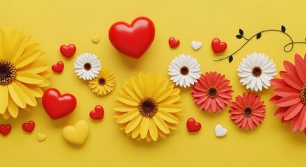 Fototapeta premium Colorful floral arrangement with hearts on yellow background for valentines day or mothers day celebration
