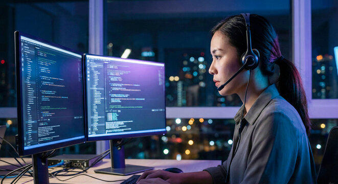 Asian female software developer wearing headset working on dual monitors at night, concept of tech support and remote coding