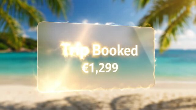 A transparent sign displays 'Trip Booked' with a price of &euro;1,299 against a tropical beach background with palm trees and clear blue water.