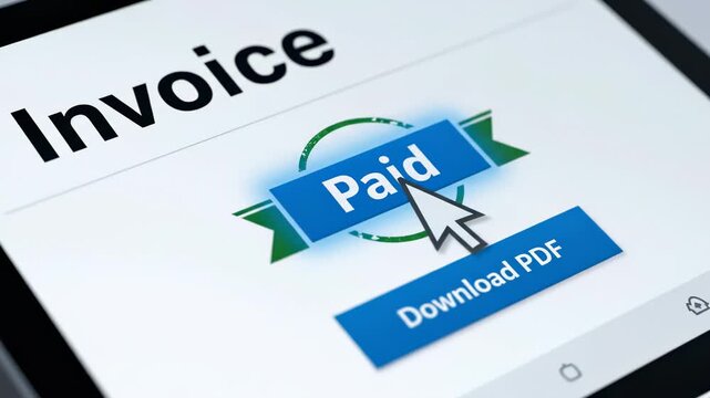 Digital invoice on a tablet screen showing 'Paid' status with a download button for PDF. Represents online transactions and financial management.