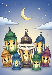 Cartoon lanterns with smiling faces and crescent moon in sky illustration