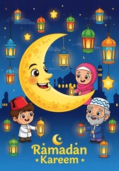 Cartoon crescent moon with lanterns and characters ramadan kareem illustration