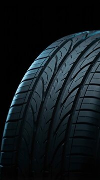 Close Up Of Car Tire With Detailed Tread Pattern In Dark Blue Light Against A Black Background In Studio Photography
