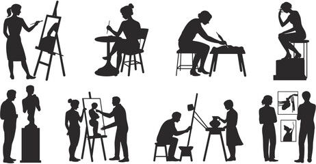 Creative artists working on various projects in studio, set of professional silhouettes including painters sculptors and photographers illustration,