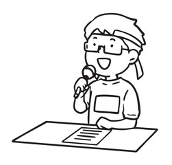 運動会で実況アナウンスをする男の子_線画