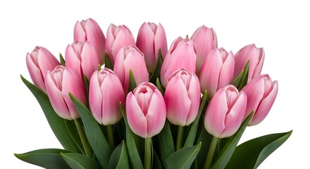 Fototapeta premium A beautiful bouquet of pink tulips with green leaves isolated on white background