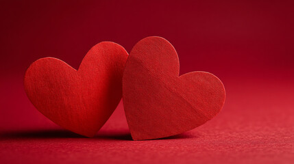 Obraz premium Two red heart shaped decorations sitting on a red background