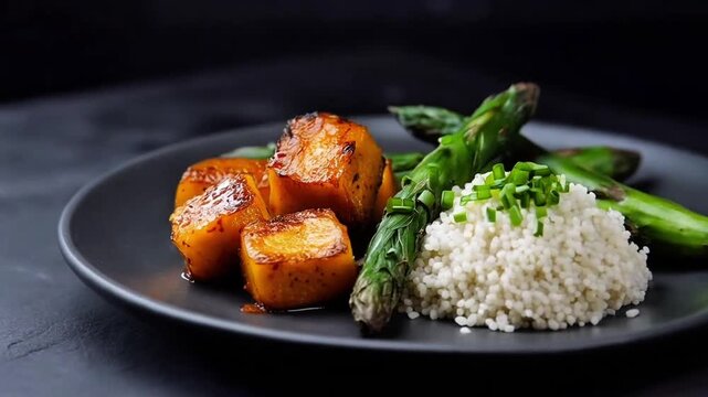 Nasi, ayam dan asparagus dalam satu piring siap saji 