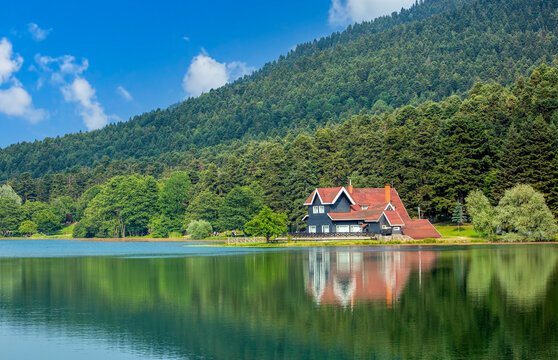 Travel Concept photo. Turkey Bolu Golcuk lake view.